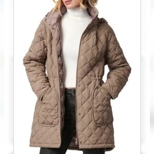 Bernardo Women's Taupe Hooded Cinch Waist Quilted Coat